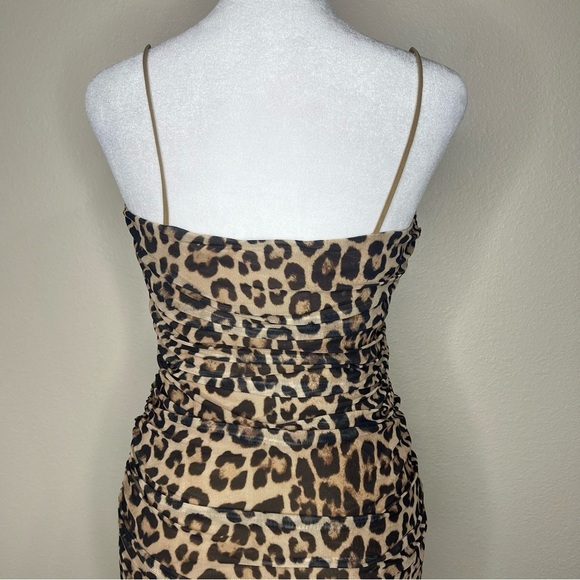 GOOD AMERICAN Tan & Black Leopard Sleeveless Ruched Mesh Midi Dress Sz L NWT - Picture 11 of 16